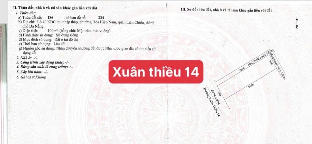 Bán đất đường Xuân Thiều 14 - gần biển  -DT: 100m2 (5x20)m kẹp cống bên hông xây nhà thoáng mát