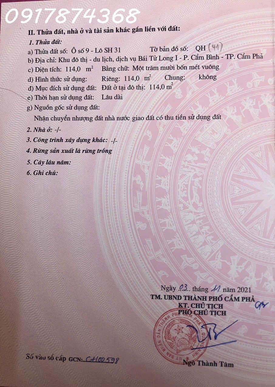 Bán đất shophouse tại Đường Bái Tử Long Phường Cẩm Phả Quảng Ninh DT 114m2 giá 38 tỷ