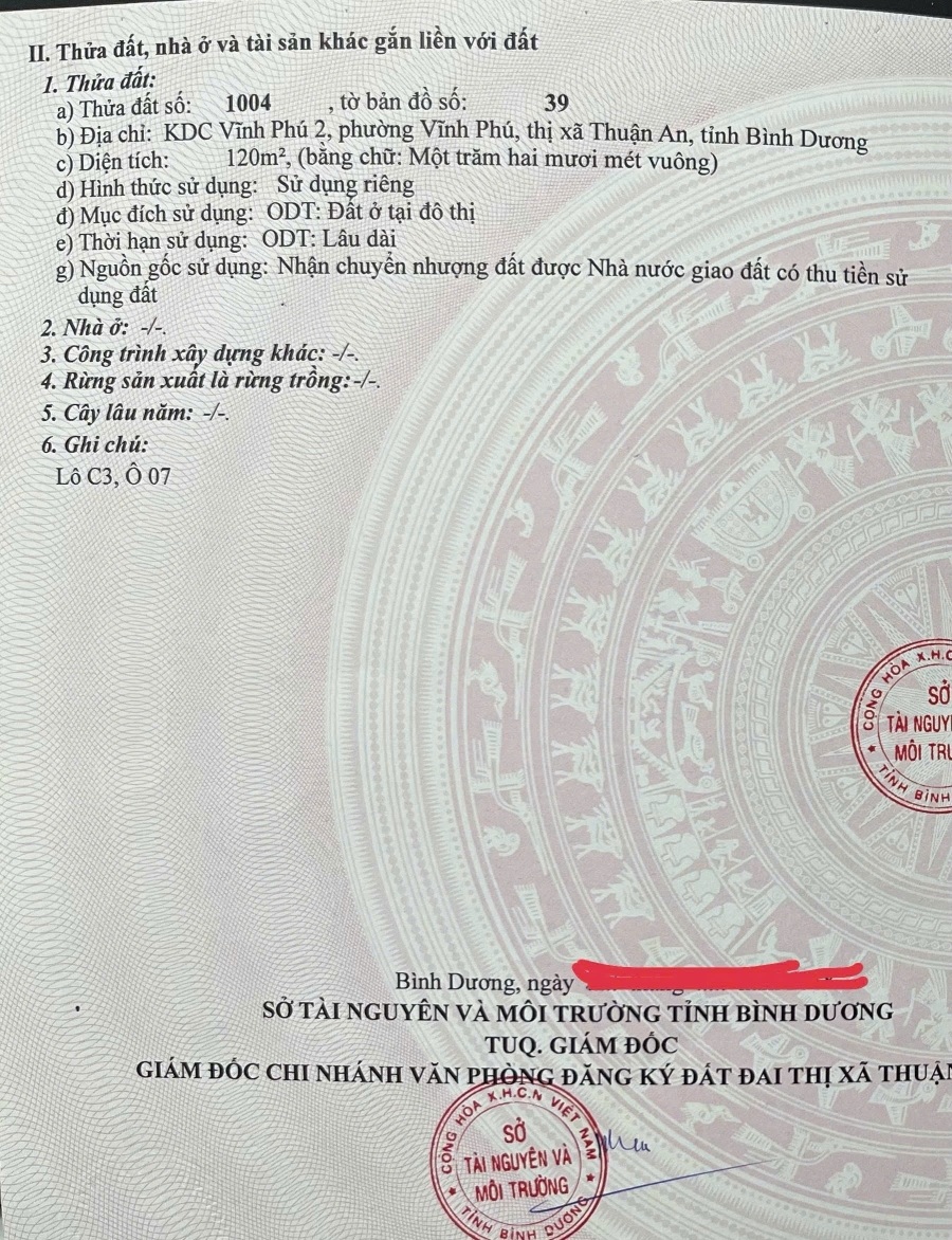 Bán gấp Lô Đất Tại KDC Vĩnh Phú 2 PVĩnh Phú Thị Xã Thuận An Tỉnh Bình Dương.