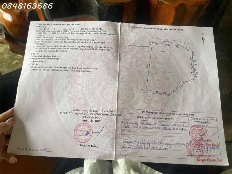 Bán lô đất siêu đẹp trung tâm xã Hợp Phong Cao Phong Hoà Bình DT 480m2 giá đầu tư