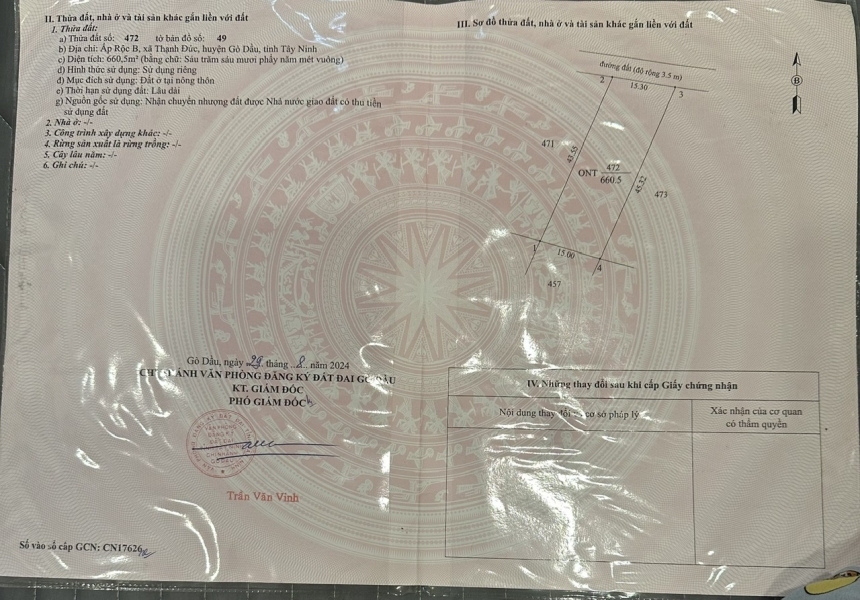 Cần bán đất Gò Dầu Tây Ninh giá 2.75 tỷ