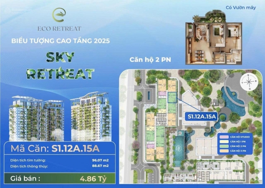Căn hộ 2PN Eco Long An Eco Retreat ban công vườn mây view BT Đảo 96m2 chỉ 4.5 tỷ rẻ nhất thị trường