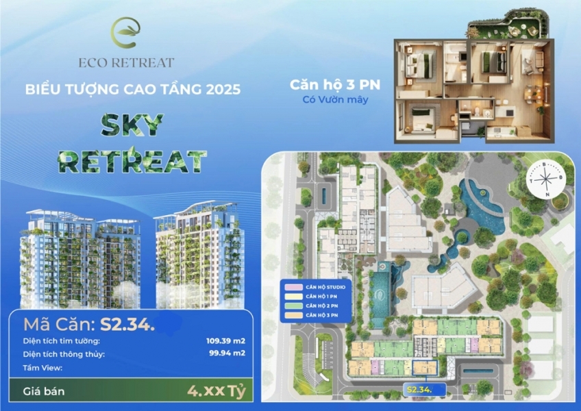 Căn hộ 3PN Sky Retreat Eco Retreat giá gốc CĐT 43 tỷ (gồm VAT+KPBT) có vườn mây