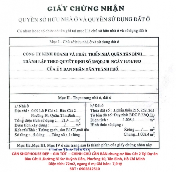 CĂN SHOPHOUSE ĐẸP – GIÁ TỐT  – CHÍNH CHỦ CẦN BÁN chung cư Bàu Cát 2 Tại Dự án Bàu Cát II