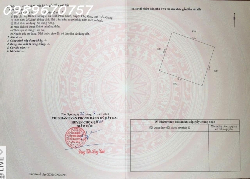 Chính Chủ Cần Bán Đất Xã Bình Phục Nhứt Chợ Gạo Tiền Giang DT 2.003 m² giá đầu tư