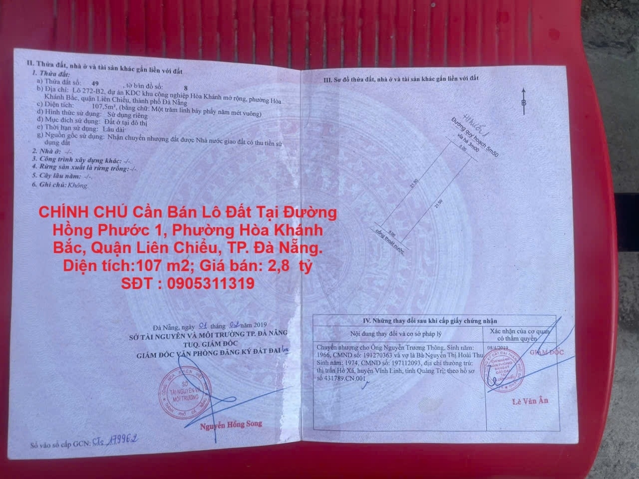 CHÍNH CHỦ Cần Bán Lô Đất Tại Đường Hồng Phước 1 Phường Hòa Khánh Bắc Quận Liên Chiểu TP. Đà Nẵng.