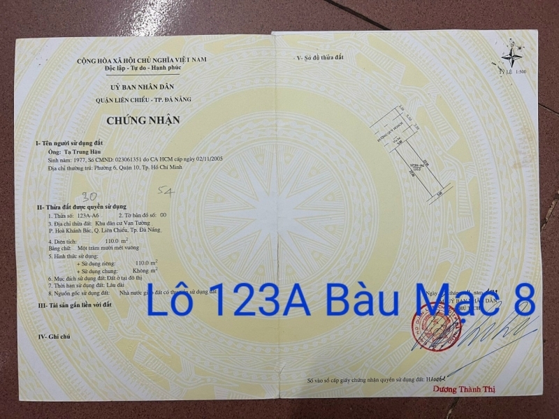 Chính chủ gửi bán lô đất MT Bàu Mạc 8 P Hoà Khánh.Đà Nẵng
