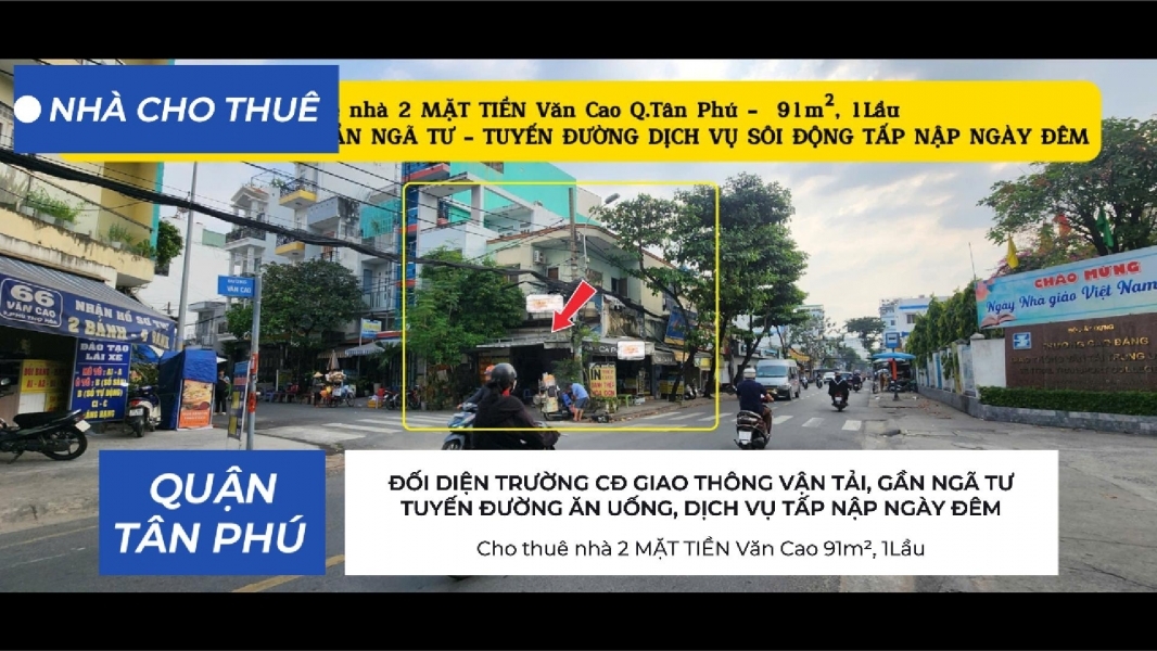 Cho thuê nhà 2 MẶT TIỀN Văn Cao 91m² 1Lầu - ĐỐI DIỆN TRƯỜNG CĐ GẦN NGÃ TƯ