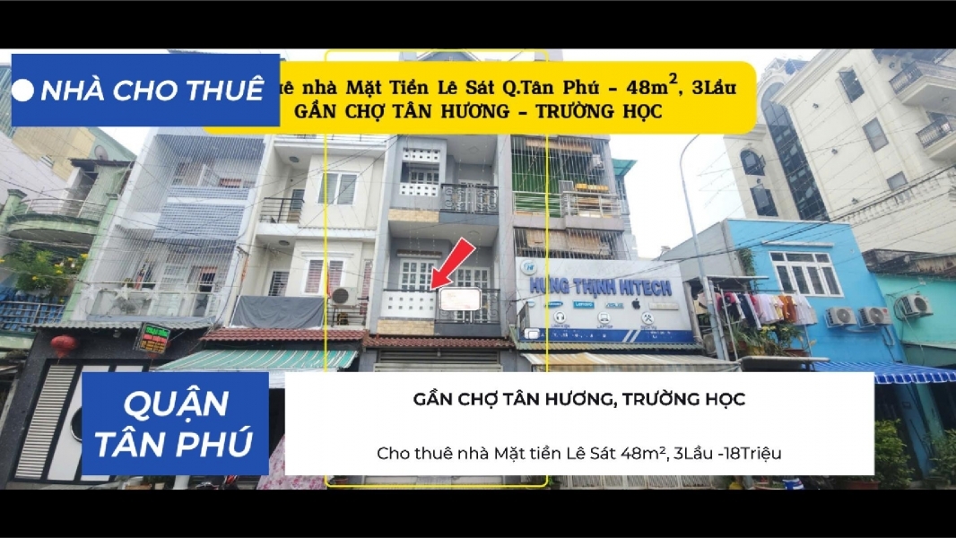 Cho thuê nhà Mặt tiền Lê Sát 48m² 3Lầu -18Triệu - GẦN CHỢ TRƯỜNG HỌC