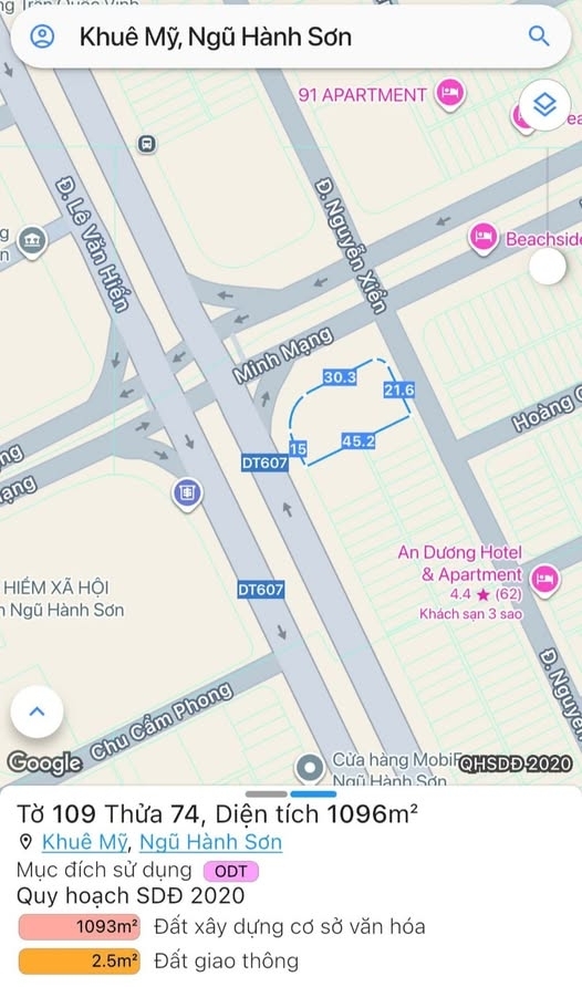 CHUYỂN NHƯỢNG LÔ GÓC 3MT ĐƯỜNG MINH MẠNG VÀ LÊ VĂN HIẾN KHUÊ MỸ