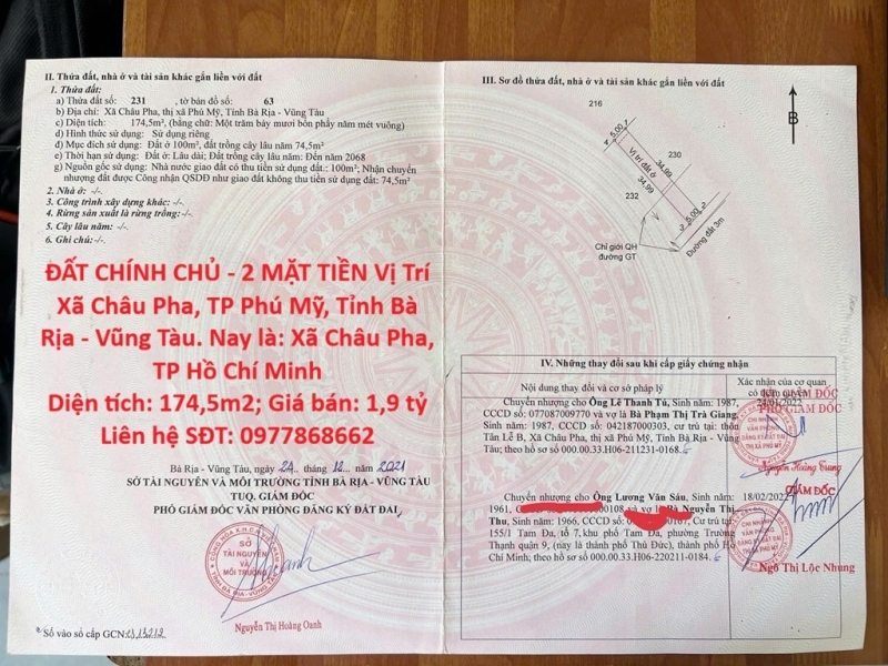 ĐẤT CHÍNH CHỦ - 2 MẶT TIỀN Vị Trí Xã Châu Pha TP Phú Mỹ Tỉnh Bà Rịa - Vũng Tàu