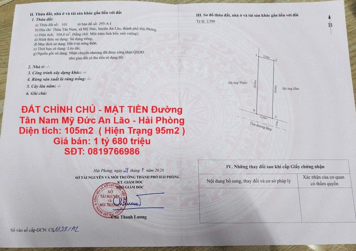 ĐẤT CHÍNH CHỦ - MẶT TIỀN Đường Tân Nam Mỹ Đức An Lão - Hải Phòng