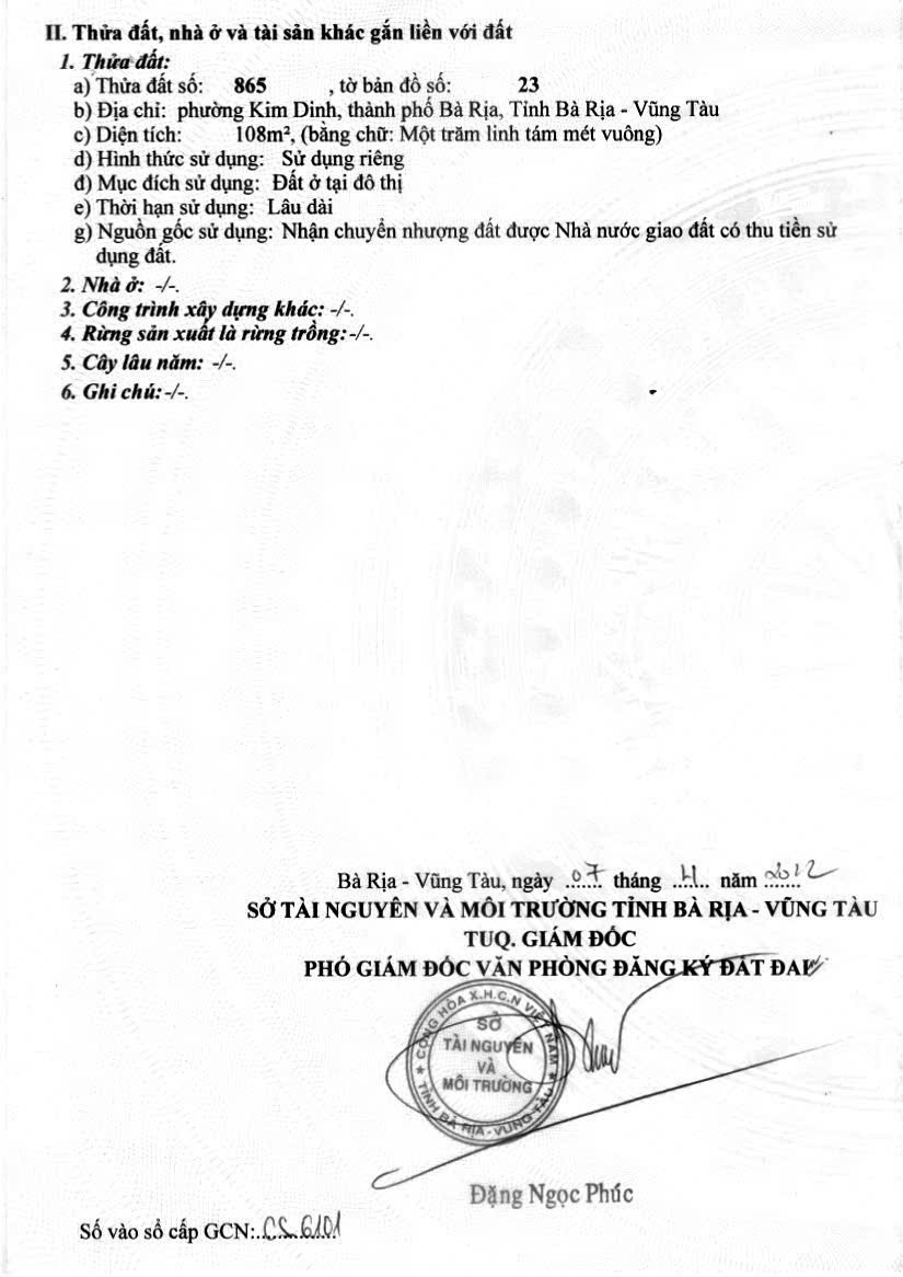 ĐẤT  ĐẸP- GIÁ TỐT- CẦN BÁN NHANH ĐẤT tại Phường Kim Dinh TP Bà Rịa Vũng Tàu