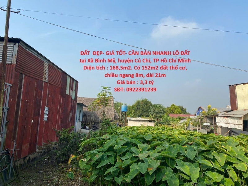 ĐẤT  ĐẸP- GIÁ TỐT- CẦN BÁN NHANH LÔ ĐẤT tại Xã Bình Mỹ huyện Củ Chi