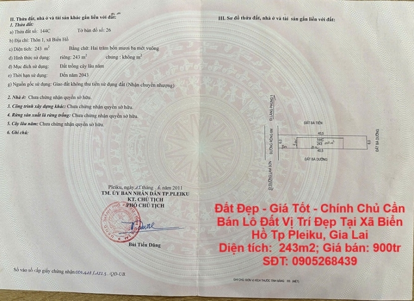 Đất Đẹp - Giá Tốt - Chính Chủ Cần Bán Lô Đất Vị Trí Đẹp Tại Xã Biển Hồ Tp Pleiku Gia Lai