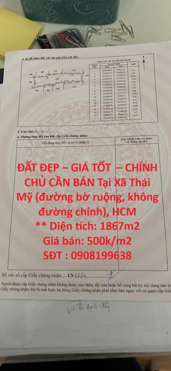 ĐẤT ĐẸP – GIÁ TỐT  – CHÍNH CHỦ CẦN BÁN Tại Xã Thái Mỹ (đường bờ ruộng không đường chính) HCM