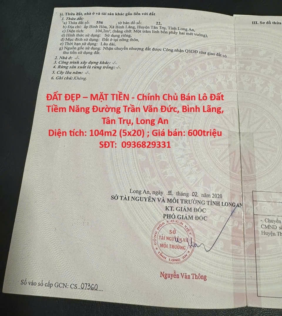 ĐẤT ĐẸP – MẶT TIỀN - Chính Chủ Bán Lô Đất Tiềm Năng Đường Trần Văn Đức Bình Lãng Tân Trụ Long An