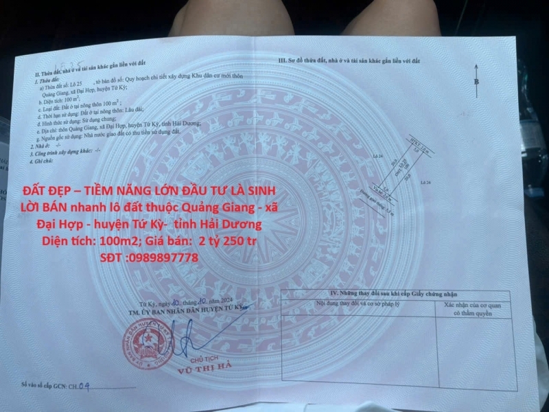 ĐẤT ĐẸP – TIỀM NĂNG LỚN ĐẦU TƯ LÀ SINH LỜI BÁN nhanh lô đất tại huyện Tứ Kỳ tỉnh Hải Dương