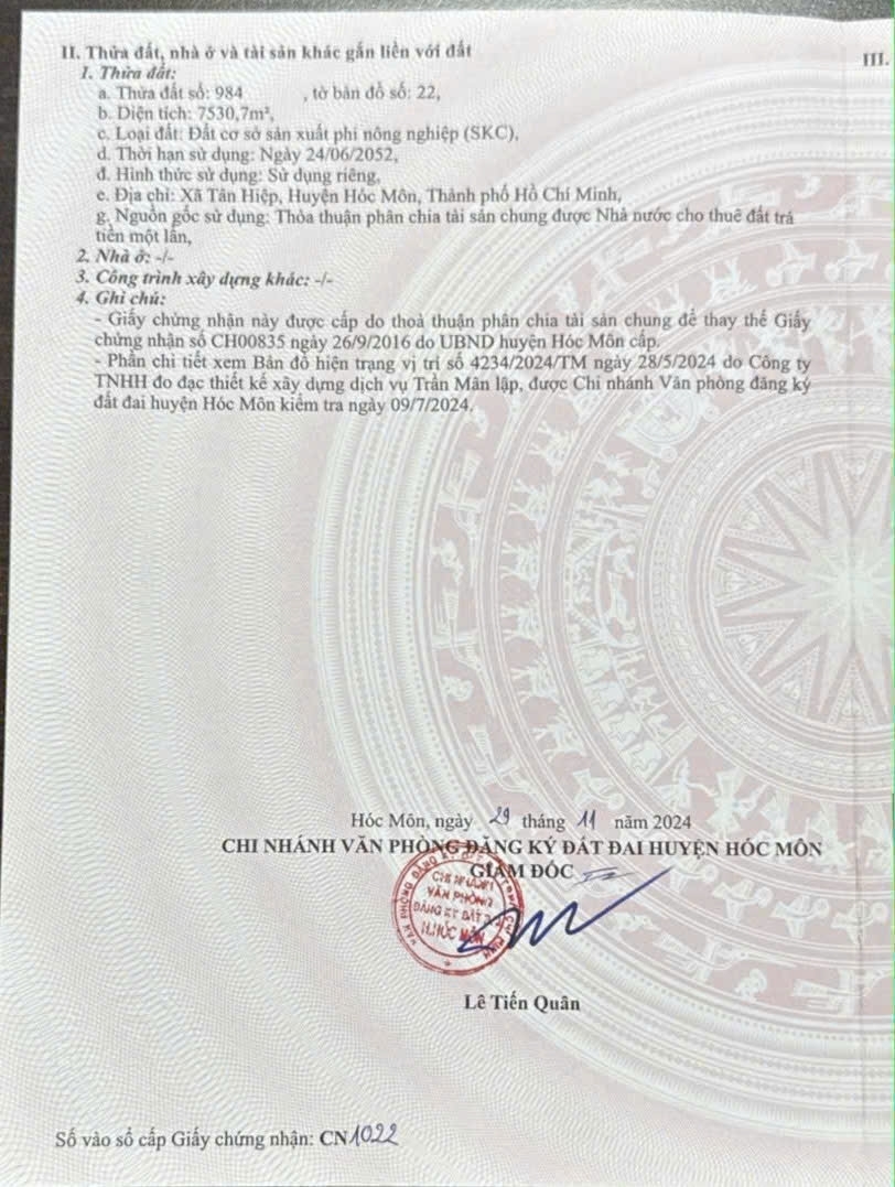 ĐẤT SKC 7.530m² – 1/ QL22 – GIÁ CHỈ 68TR/M² XÃ TÂN HIỆP HÓC MÔN