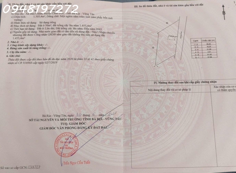 Siêu phẩm - Bán lô đất siêu đẹp Bàu Chinh Châu Đức Bà Rịa Vũng Tàu DT 1505m2 giá 62tỷ