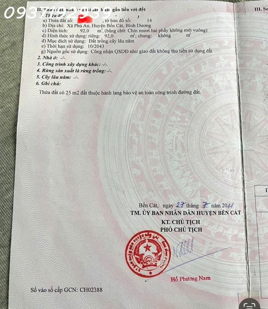 Siêu phẩm đất MT Đường Phú An 023 Huyện Bến Cát TP HCM DT 92m2 giá đầu tư
