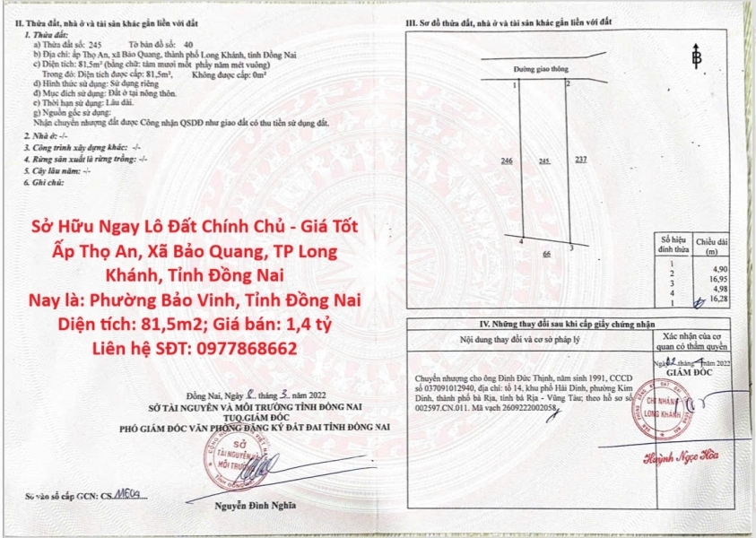 Sở Hữu Ngay Lô Đất Chính Chủ - Giá Tốt Ấp Thọ An Xã Bảo Quang TP Long Khánh Tỉnh Đồng Nai