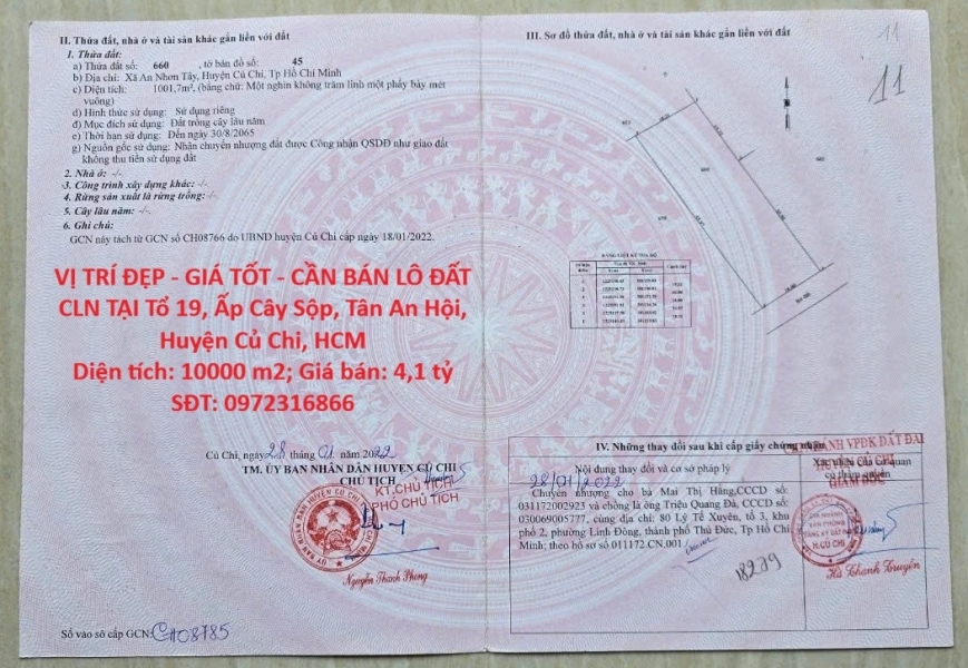 VỊ TRÍ ĐẸP - GIÁ TỐT - CẦN BÁN LÔ ĐẤT CLN TẠI Tổ 19 Ấp Cây Sộp Tân An Hội Huyện Củ Chi HCM