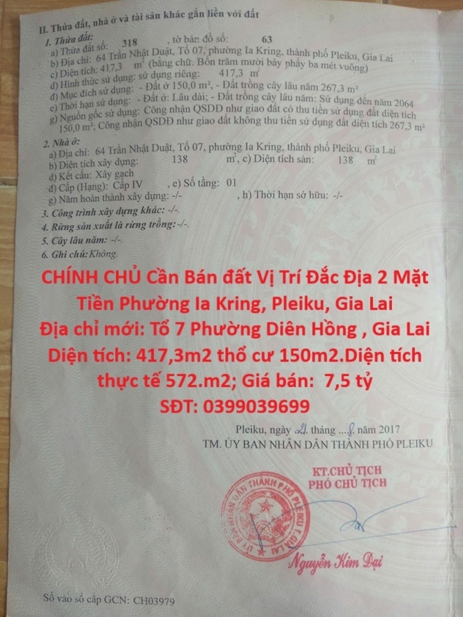 VỊ TRÍ ĐẸP - GIÁ TỐT -CHÍNH CHỦ Cần Bán đất Vị Trí Đắc Địa 2 Mặt Tiền Phường Ia Kring Pleiku Gia Lai